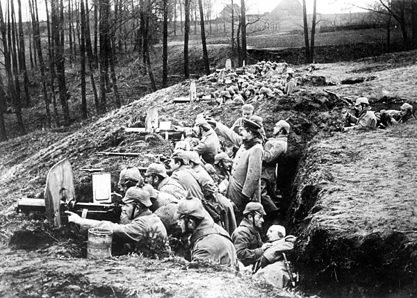 Machine gun company in their trenches, 1915