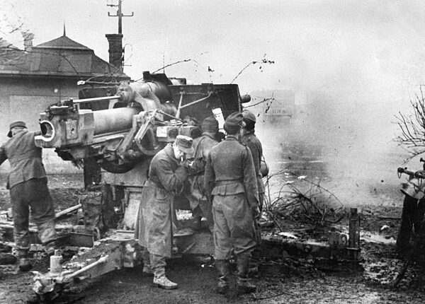German 8.8cm anti-aircraft shooting at ground targets in Hungary, 1944