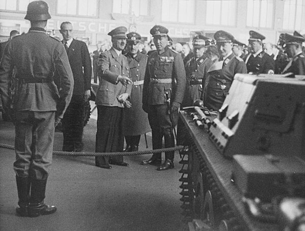 Adolf Hitler with Fichtner, Adolf Huehnlein and Hermann Goering at the Auto Fair in Berlin, 1938