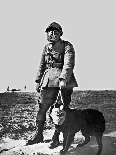 Französischer Soldat und Hund mit Gasmasken, 1917