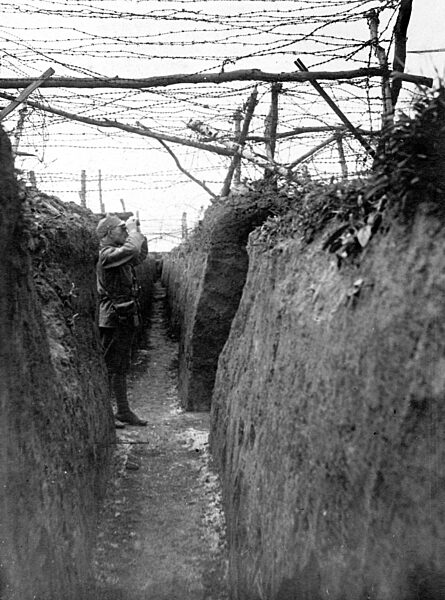 Austrian soldier on guard in a trench, 1916