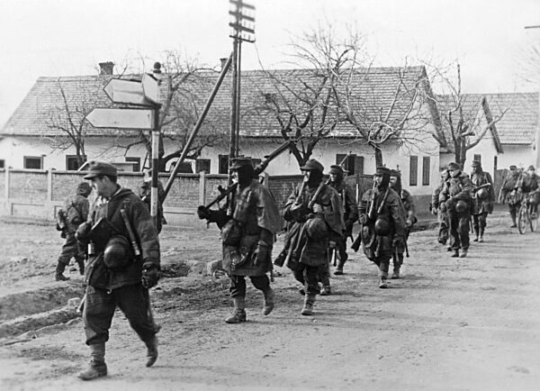 German soldiers on the march during combat in Hungary, 1945