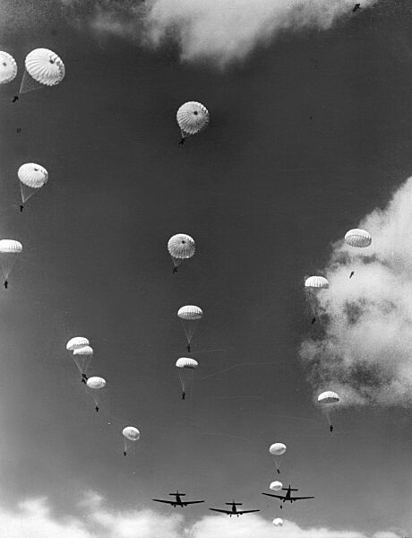 German Paratroopers Parachute over Belgium, 1940