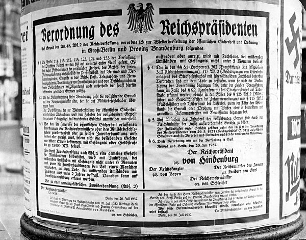 Ordinance by the Reich President during the 'Prussian Coup', 1932
