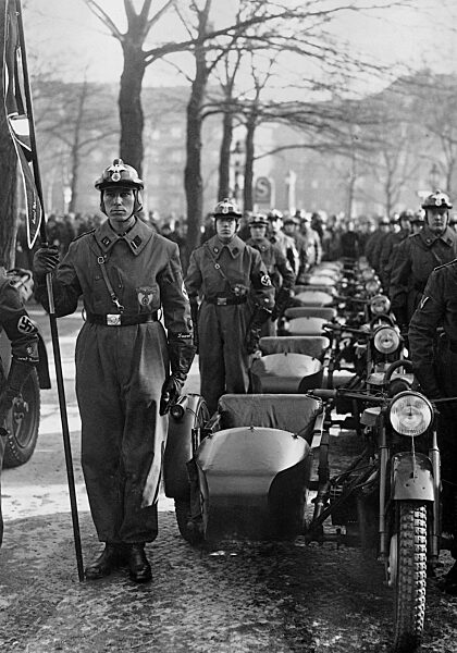 National Socialist Motor Corps [NSKK] formation at the opening of the Automobile Exposition, 1938