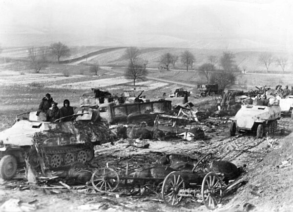 Armored personnel carriers of the Waffen SS on the advance in Hungary, 1945