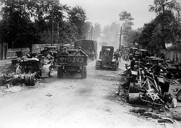German convoy on a street after the encirclement battle near Kiev, 1941