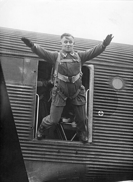 Paratrooper at the jump training in the Parachute School at Stendal, 1939