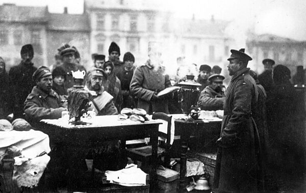 Russian soldiers on a market square in Galicia, 1914
