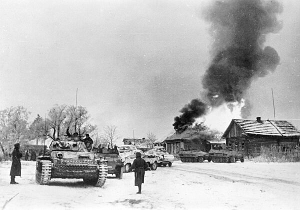 German tanks and vehicles in a village on the Eastern Front, 1941