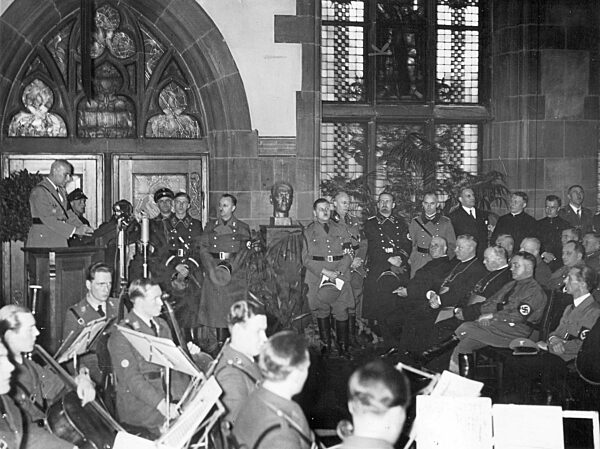 Wilhelm Frick speaks at the takeover of government businesses in Saarbrucken, 1935
