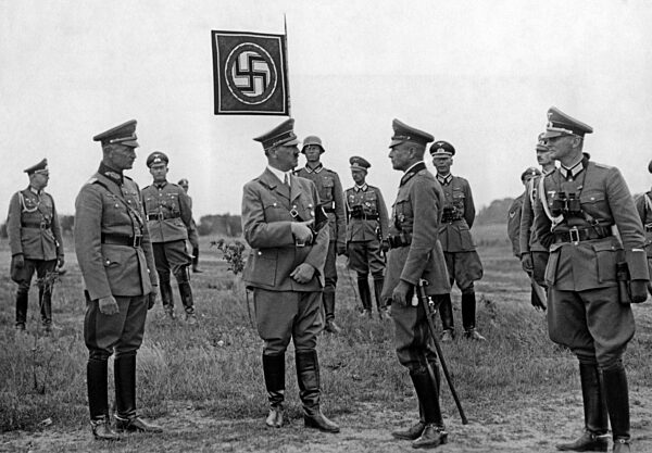 Adolf Hitler attends a troop exercise at Borne, 1938