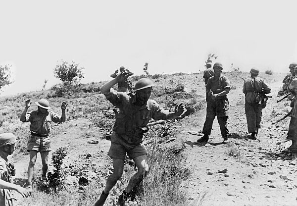 British soldiers in surrender, following Nazi airborne invasion of Crete, May 1941 (b/w photo)