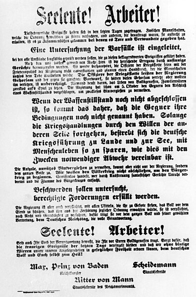 Aufruf zur Zeit der Meuterei der Deutschen Hochseeflotte im Ersten Weltkrieg, 1918