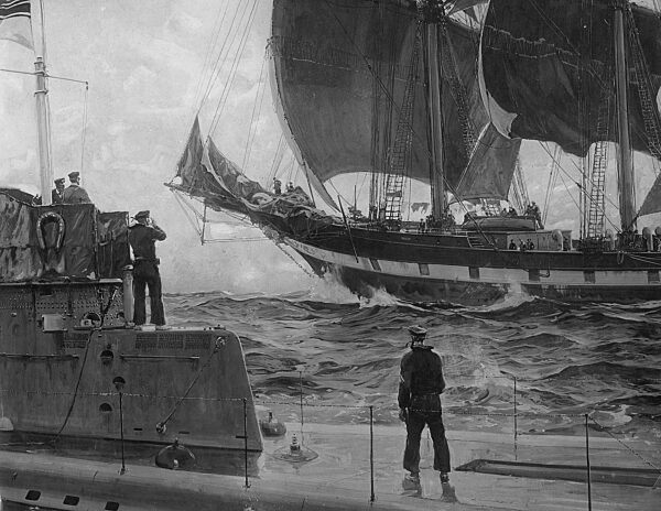 German submarine on war patrol in World War I.