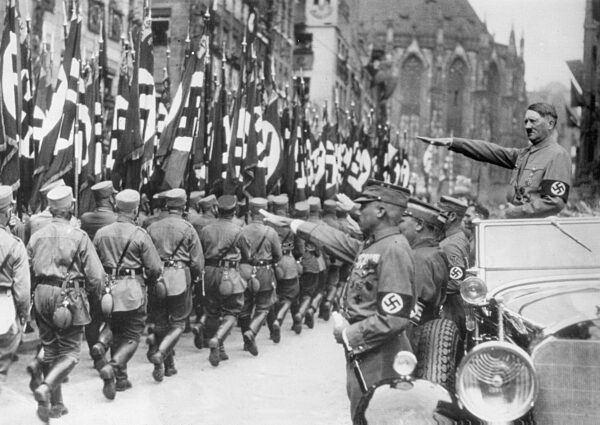 Adolf Hitler steps off a march past during the Nuremberg Rally in Nuremberg, 1937