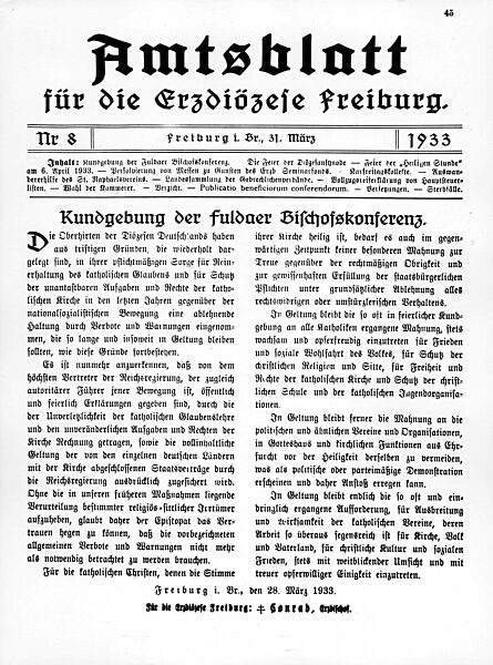 Recognition of the Hitler government in the Official Journal of the Archdiocese of Freiburg, 1933