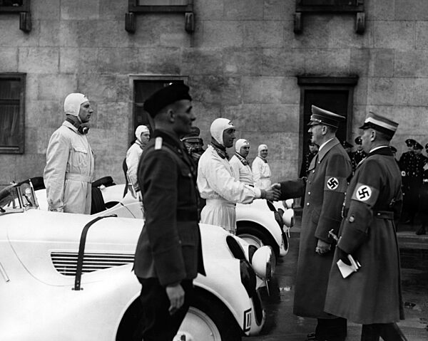 Adolf Hitler with race car drivers in front of the Reich Chancelelry, 1939