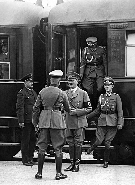 Adolf Hitler on the way to a troop exercise, 1938