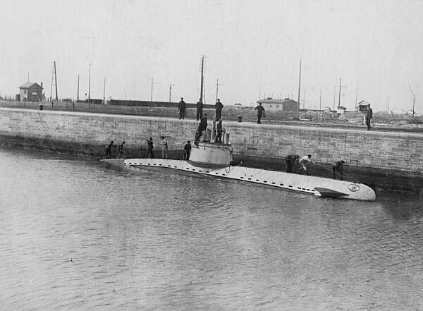 German submarine in a port on the Channel coast, 1915