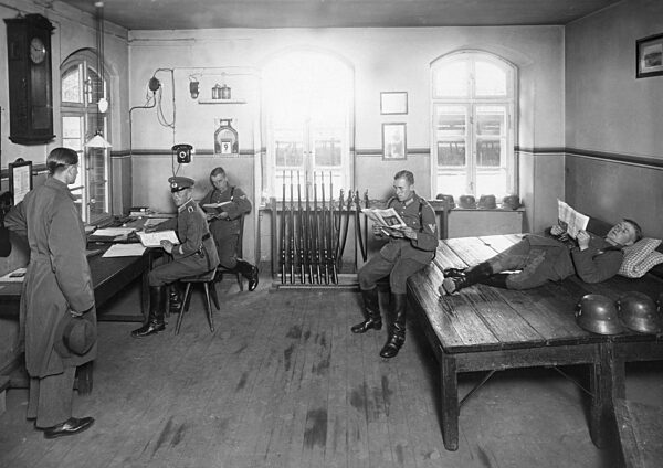 Reichswehr soldiers in the guard room at the barracks entrance