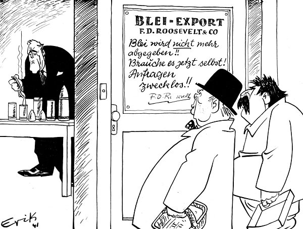 Karikatur von Erik zu Amerikas Kriegswirtschaftspolitik, Dezember 1941