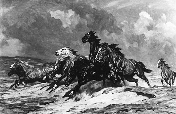 The painting "Fluechtende Pferde" (Fleeing horses) by Alfred Roloff, 1941