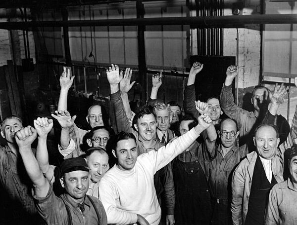 New Deal: Plant-workers get money from their boss in Mount Vernon, 1938