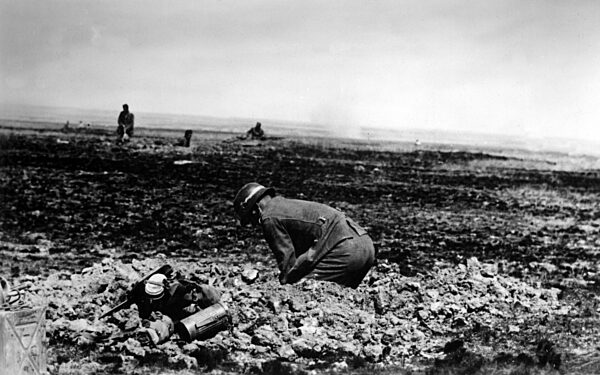 German infantrymen digging foxholes in the steppe, 1942