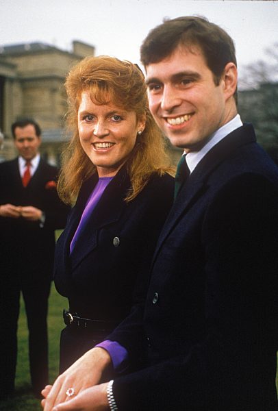 Prince Andrew, Duke of York with Sarah Ferguson after their engagement announcement, Buckingham Palace, London, 17th March 1986.
