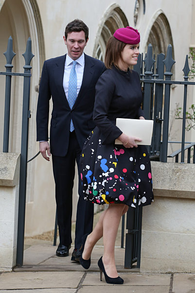 Princess Eugenie and her boyfriend Jack Brooksbank leave the Easter Mattins church service at St George's Chapel, Windsor, this morning. April 01 2018.