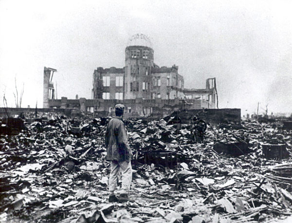 The devastation of the Japanese city of Hiroshima after the dropping of a...