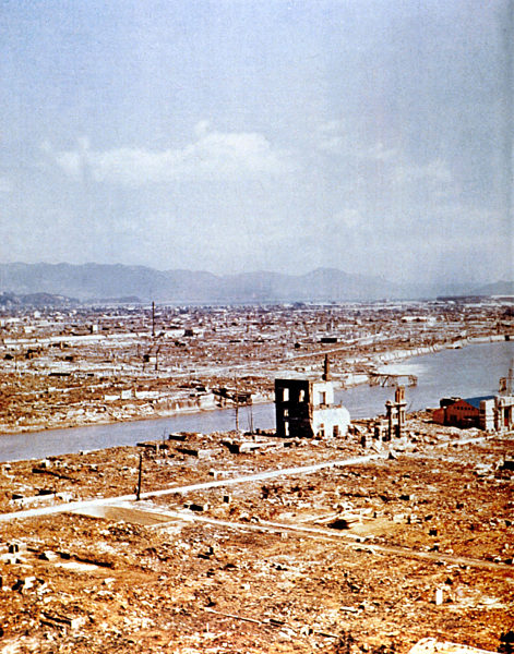 The devastation of the Japanese city of Hiroshima after the dropping of a...