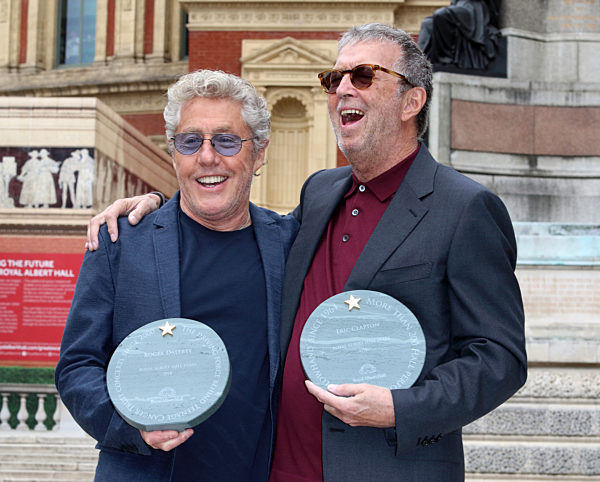 Roger Daltrey and Eric Clapton at the Royal Albert Hall 'Walk Of Fame' launch, celebrating Eleven of the most illustrious names from the famous venue's stellar history. Commemorated with specially engraved stones outside the building ahead of the venue's 150th anniversary. London September 4th 2018