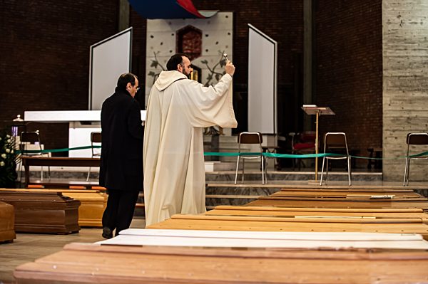 Coronavirus outbreak, blessimg of coffins inside the church of Saint Giuseppe in Seriate (Bergamo) Italy