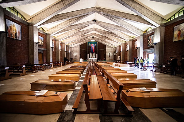 Coronavirus outbreak, blessimg of coffins inside the church of Saint Giuseppe in Seriate (Bergamo) Italy