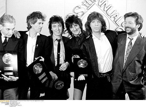 Charlie Watts, Keith Richard, Bill Wyman, Ronnie Wood, Mick Jagger and Eric Clap