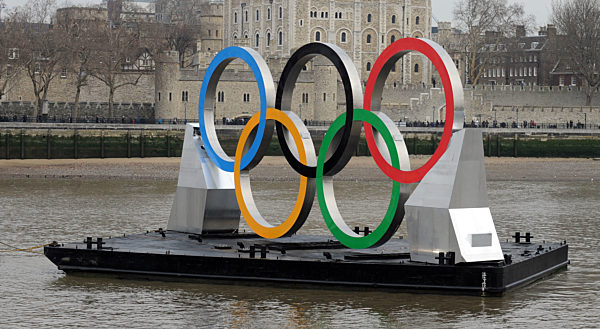 Mayor Boris Johnson Olympic Rings on the Thames 150 Days to go till the beginning of the London Olympic Games 2012