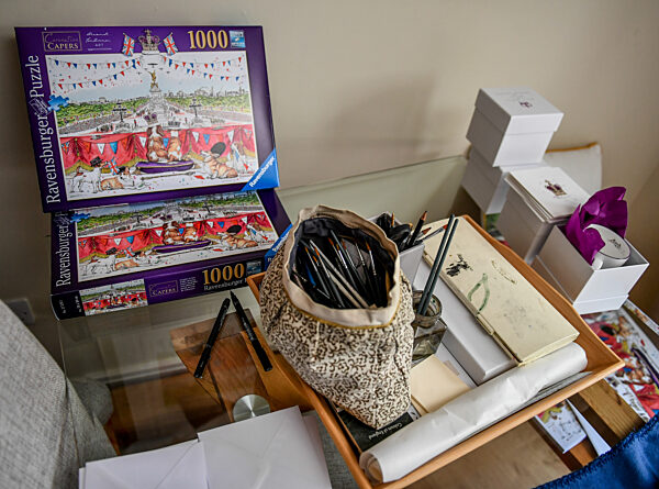 Eleanor Tomlinson releases her newest Collection, "Coronation Capers" at her studio in Broomfleet, Yorkshire. 10 March 2023