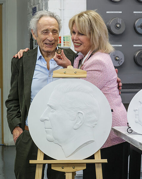 Dame Joanna Lumley presses first King Charles coins for Gibraltar, Tower Mint, London, UK