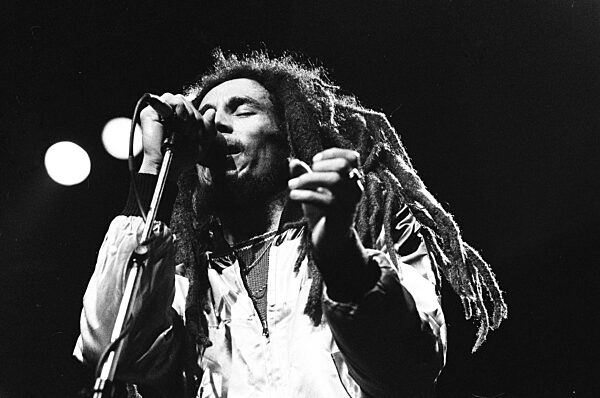 Bob Marley performing live on stage at the Brighton Centre, Brighton, UK, 8th July 1980