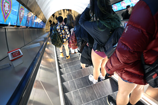 The 11th Annual 'No Trousers Tube Ride' held on the London Underground in London, UK, 7 January 2023