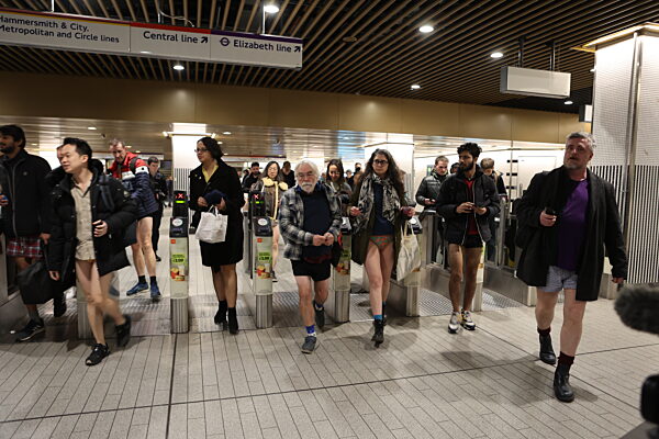 The 11th Annual 'No Trousers Tube Ride' held on the London Underground in London, UK, 7 January 2023
