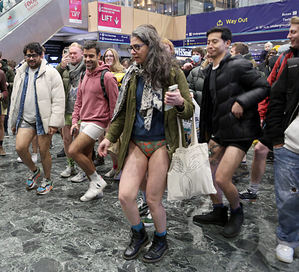 The 11th Annual 'No Trousers Tube Ride' held on the London Underground in London, UK, 7 January 2023