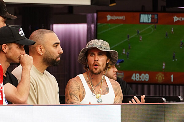 Celebrity Arsenal fan Justin Bieber watches Arsenal v Manchester United in the Rivals in Red match at SoFi Stadium