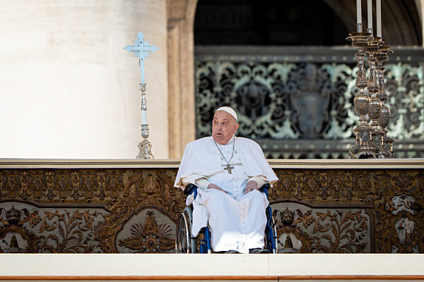 Pope Francis arrives in a wheelchair at the end of a Holy Mass in St. Peter's Square in Vatican City, Vatican, on 06 April 2025.
