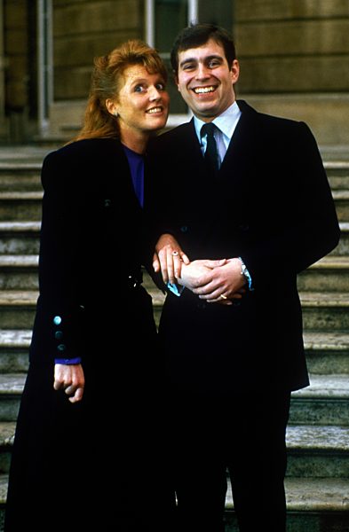 Prince Andrew, Duke of York with Sarah Ferguson after their engagement announcement, Buckingham Palace, London, 17th March 1986.