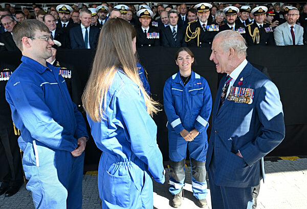 King Charles II attends Commissioning Ceremony for HMS Agamemnon at BAE Systems' shipyard in Barrow-in-Furness