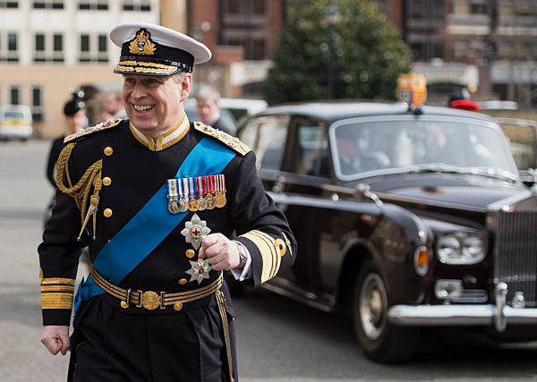 Britain's Prince Andrew, Duke of York, arrives for a reception at the Honourable Artillery Company in London on March 13, 2015, following a Service at St Paul's Cathedral to mark the end of Britain's combat operations in Afghanistan.