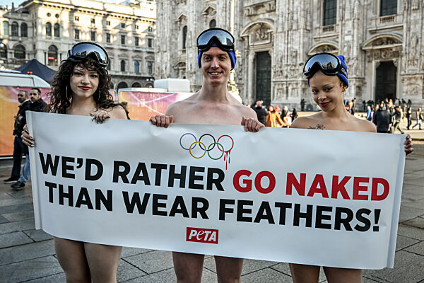 PETA protests "We'd Rather go naked than wear feathers!" before the Olympics.